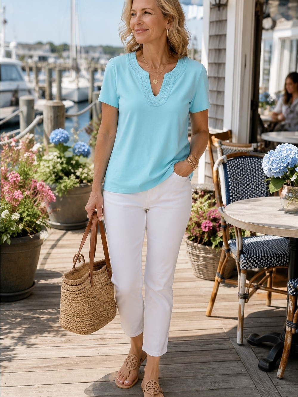 Rafaella Aqua Embellished Split Neck Blouse | Coastal Chic Short Sleeve Top